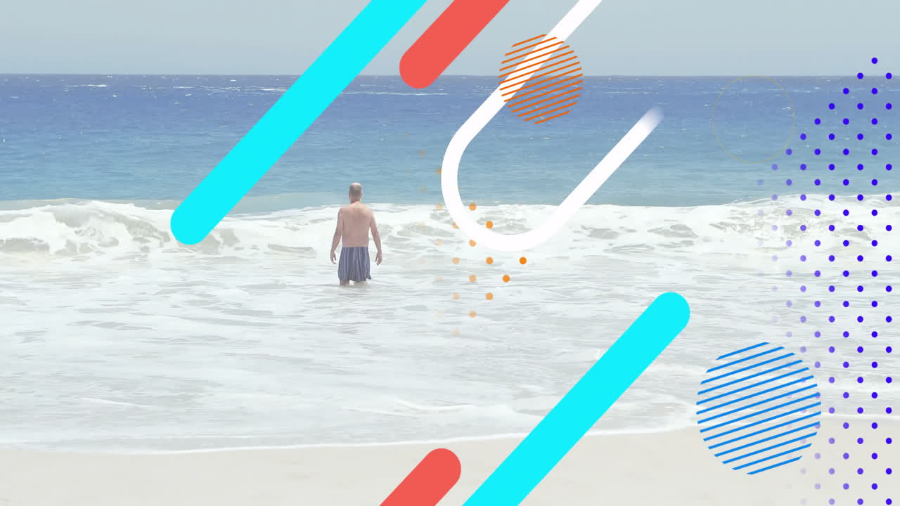 Standing in ocean waves, person surrounded by colorful geometric animation shapes