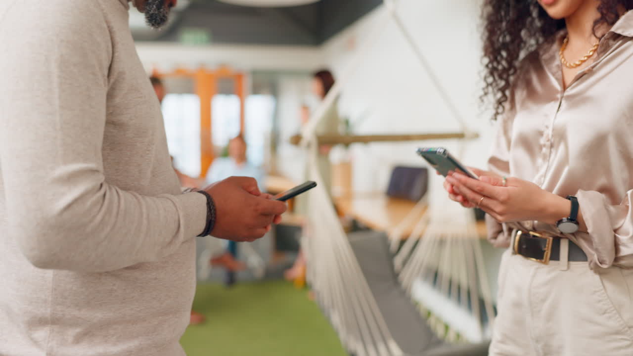 Hands, phone or networking with a business team