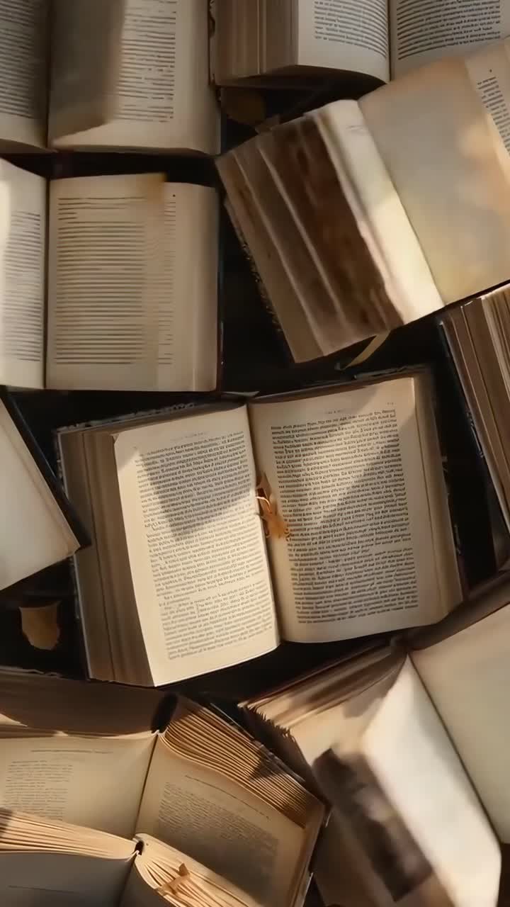 Video dall'alto di libri aperti con illuminazione calda, che mostra pagine e testo in uno stile accogliente.