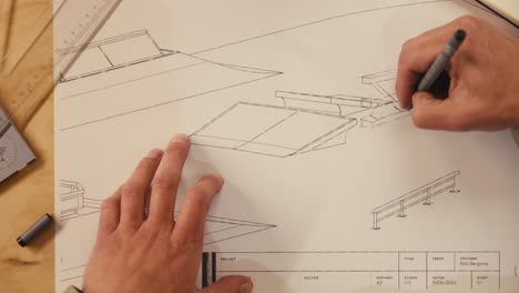 top down shot of architect using pencil, drawing floor plan with pencil on paper while working at office desk