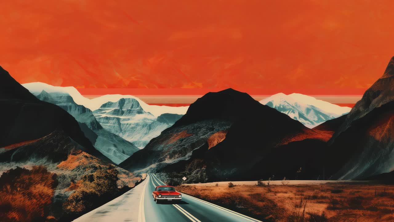 Surreal video concept with a low-angle view of a red car on a road, surrounded by dramatic mountains
