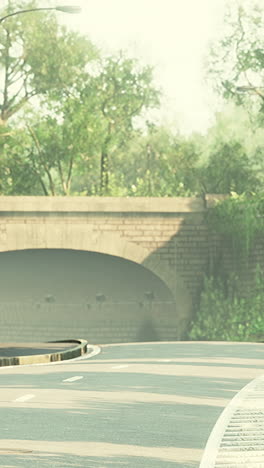 a paved road with a brick tunnel and trees