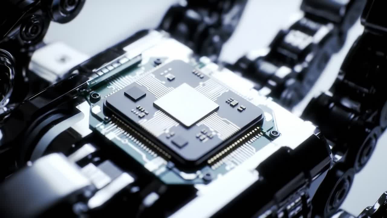 High-tech machinery showcases the assembly of computer chips in a busy factory setting. Engineers monitor the process, ensuring precision and quality control throughout production.