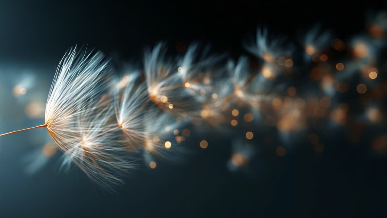 A Stunning Close-Up of Delicate Dandelion Seeds Captured in a Serene Moment of Dance, Illuminated by Sparkling Lights to Create a Dreamy Atmosphere in Nature's Embrace