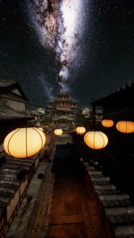 a night view of a chinese town with lanterns and milky way