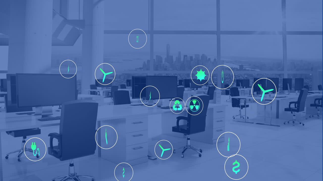현대적인 작업장 유리창을 통해 볼 수 있는 도시 풍경에 대한 지속 가능한 아이콘의 애니메이션