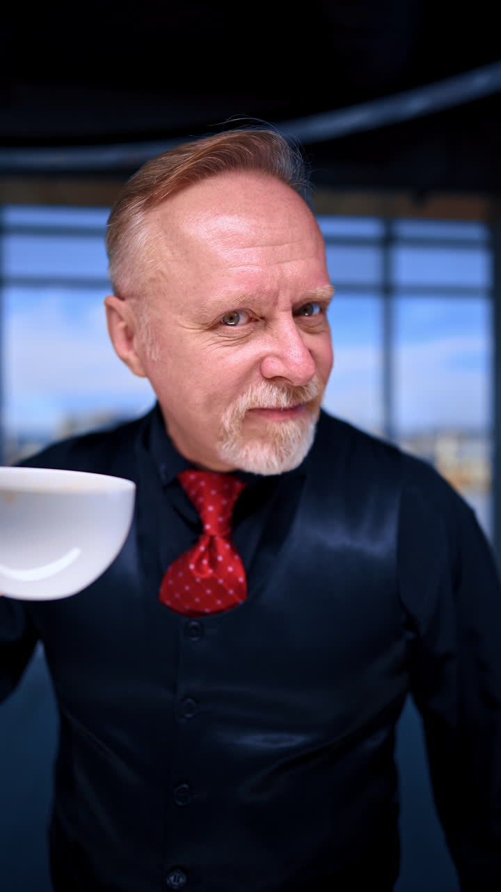 Aging man wearing a shirt, a vest and red tie holding a cup. Man puts off his eyeglasses takes a sip from cup and expresses disgust. Close up. Vertical video.