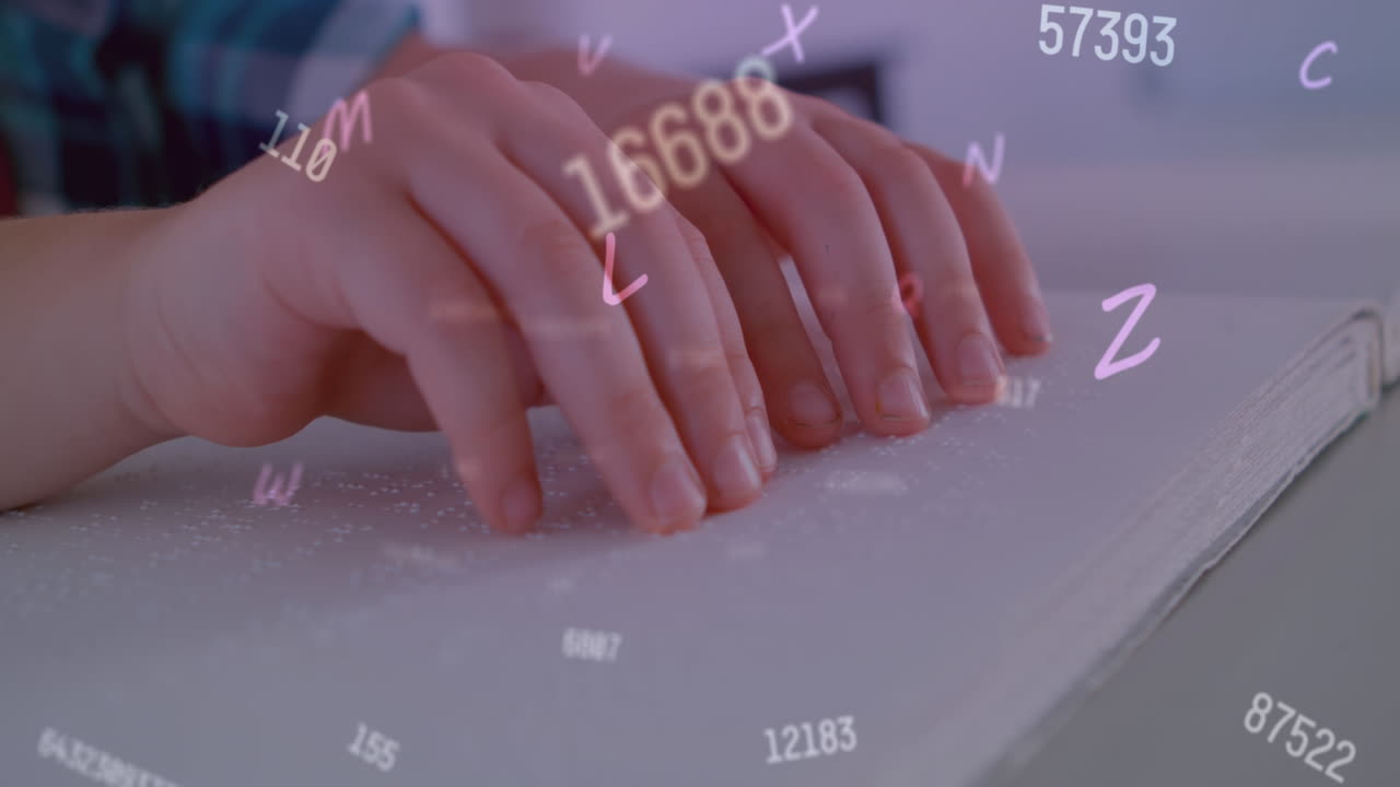 Animation of letters and numbers over caucasian schoolchild reading braille