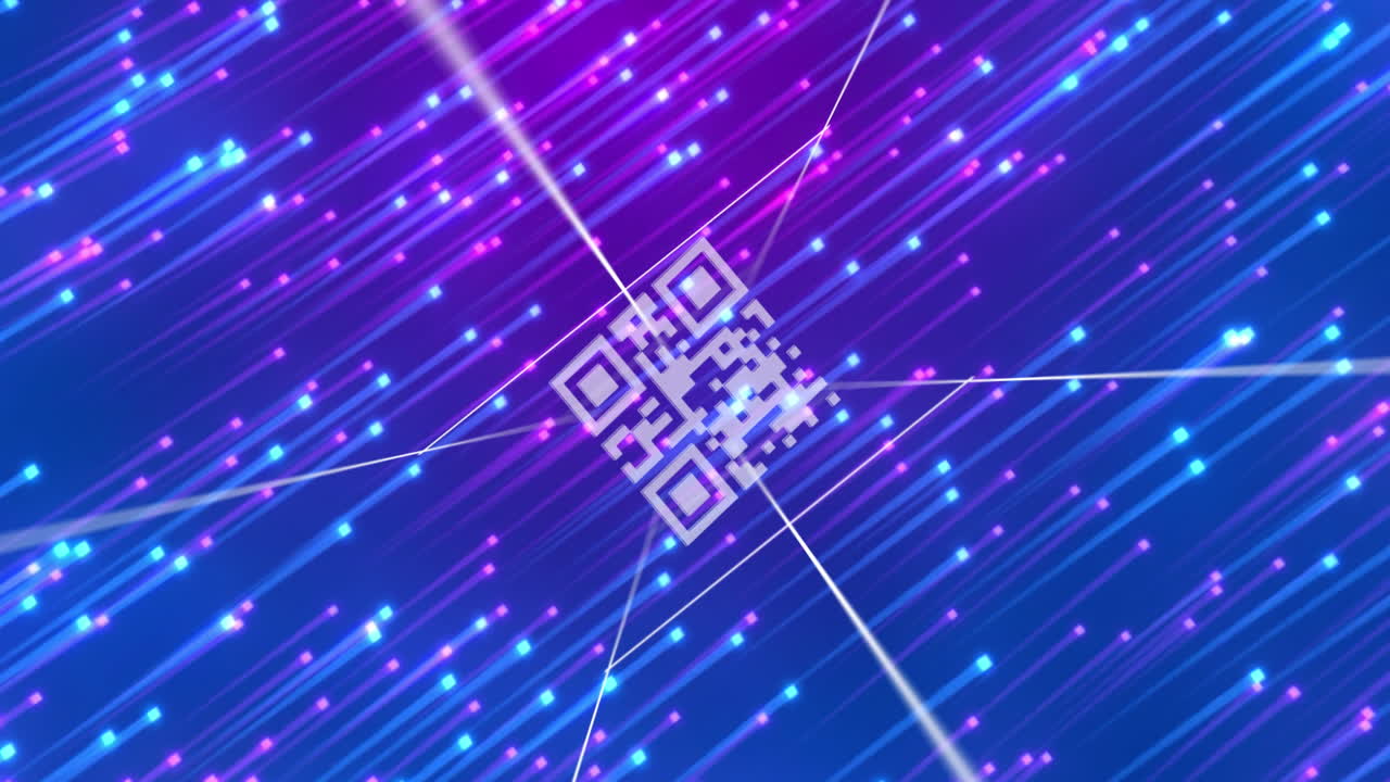 Animation of qr code over moving blue and pink lights