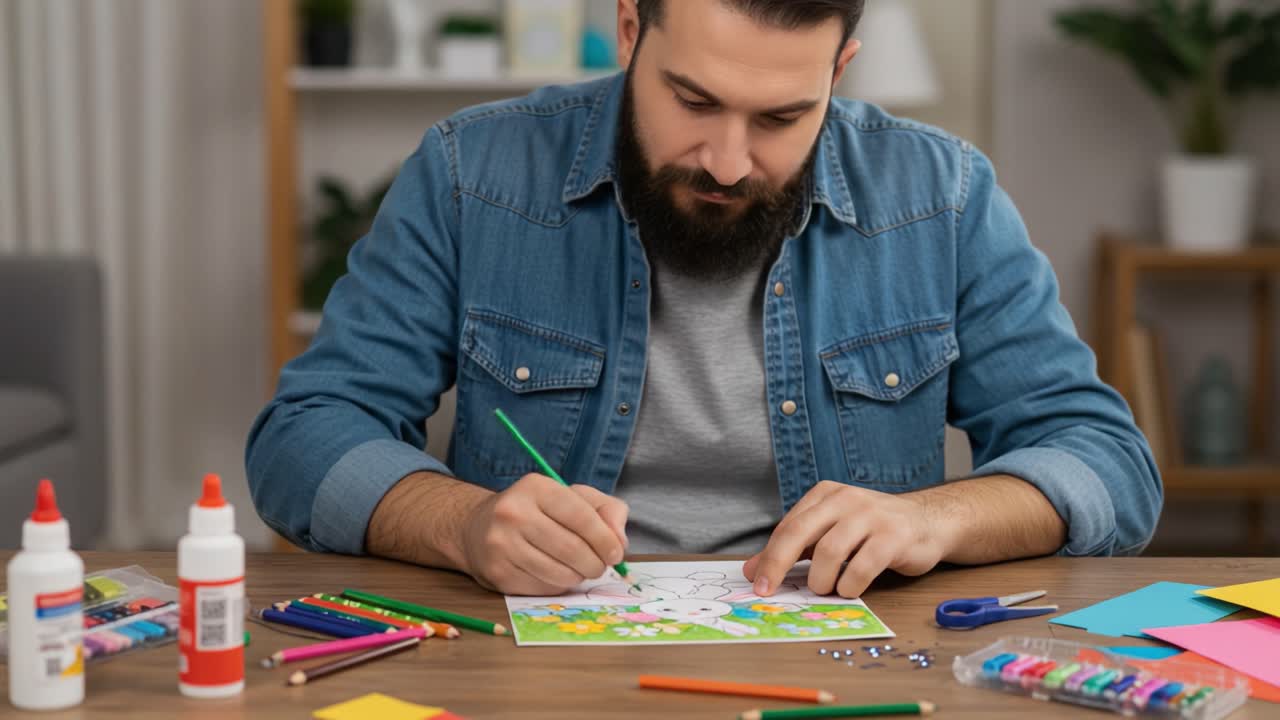 A Focused Artist Engaged in Creative Coloring Activity, Showcasing Vibrant Art Supplies on a Table, Capturing the Joy of Artistic Expression and Relaxation