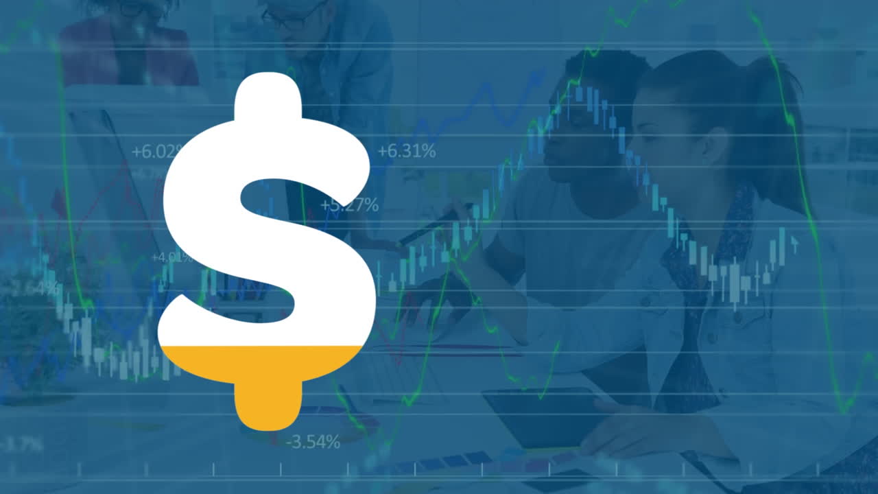 Animation of american dollar sign filling up with yellow, business people and financial data