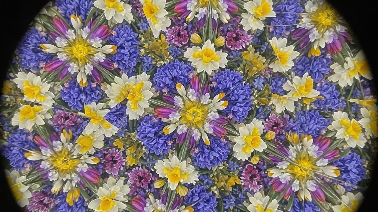 Mosaico Floreale Vibrante: Una straordinaria esplorazione ravvicinata di fioriture colorate e petali delicati, che cattura la bellezza della natura in una disposizione caleidoscopica.