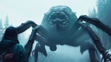 a person standing in front of a giant spider in a forest