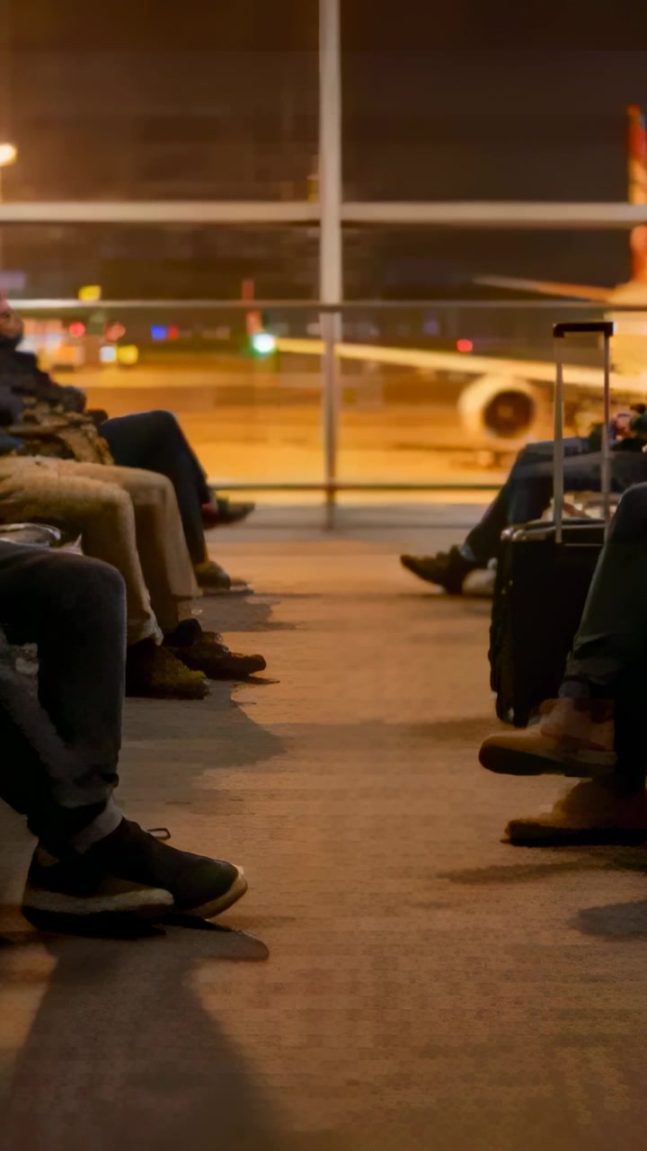 Vertical video: Framing aisle with people in jeans shifting legs, adjusting case for flight at gate