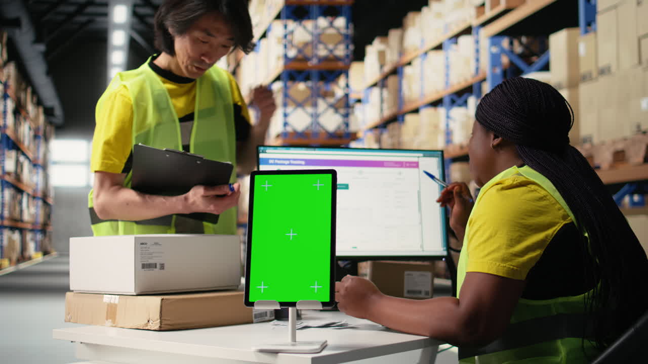 Video verticale. Un impiegato esamina un monitor per l'inserimento dati nella stanza di stoccaggio.