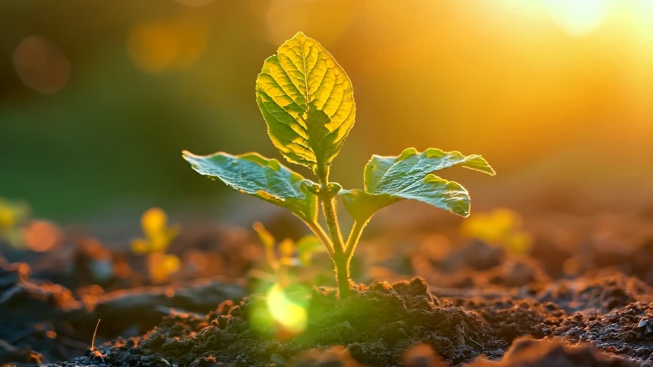 eine kleine pflanze wächst im schmutz. die pflanze ist grün und hat ein laufiges aussehen. der schmutz ist braun und die sonne scheint auf die pflanze