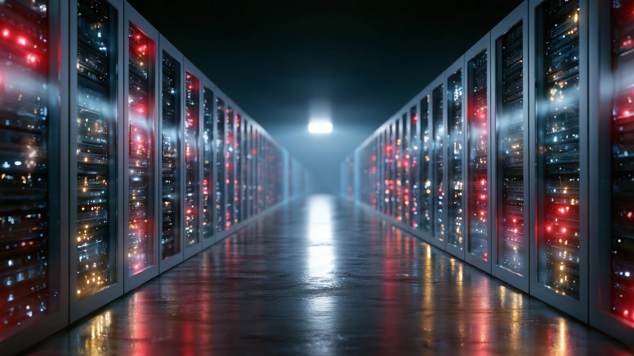 Et indblik i teknologiens hjerte: Et dæmpet oplyst datacenter fyldt med rækker af serverracks oplyst af farverige lys, der viser kraften i moderne computerinfrastruktur