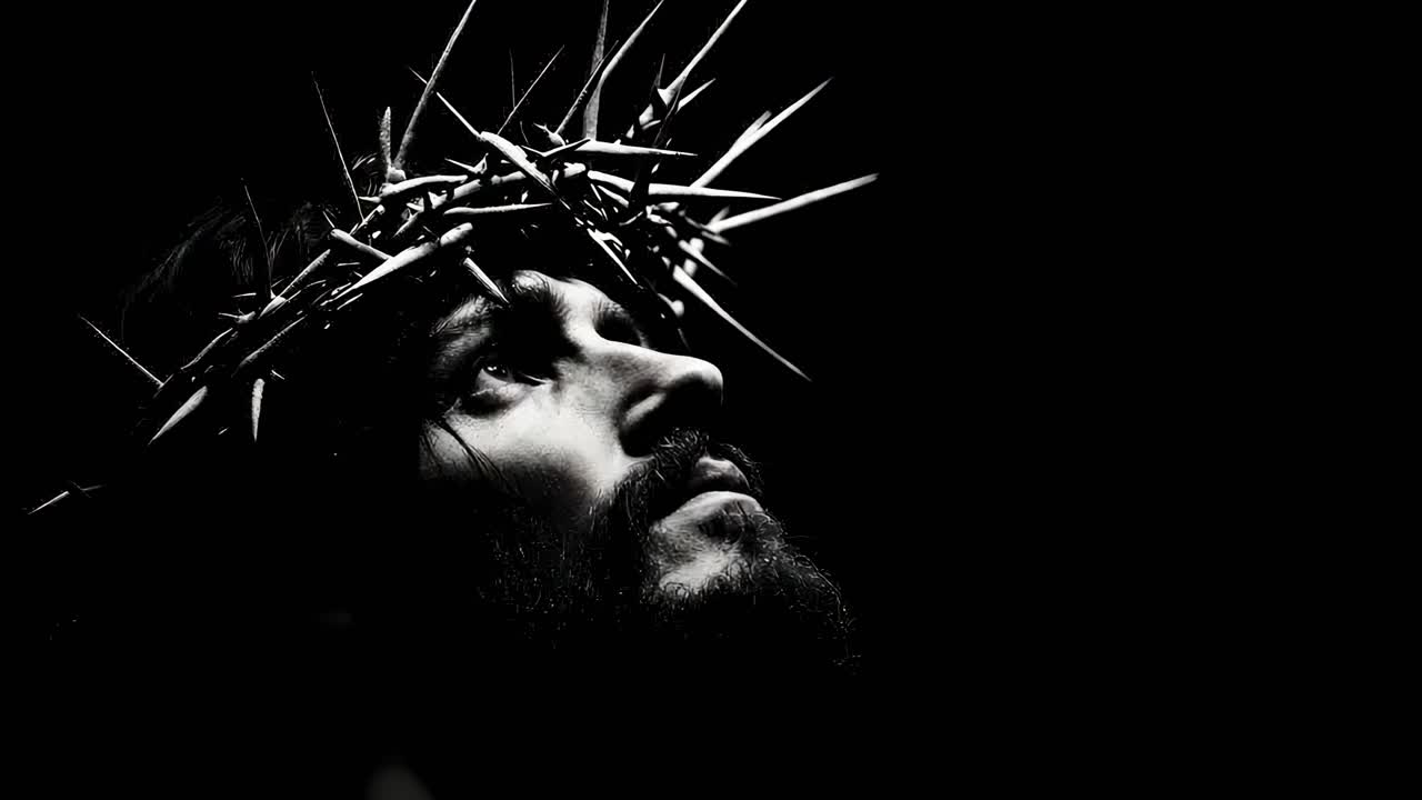 Dramatic low-angle shot of a person with a thorn crown, evoking a somber, reflective mood
