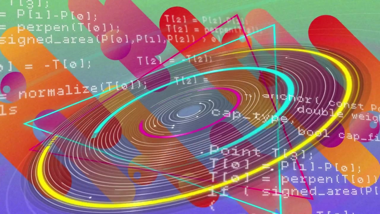 Animation of colorful shapes and circles with data processing on green background