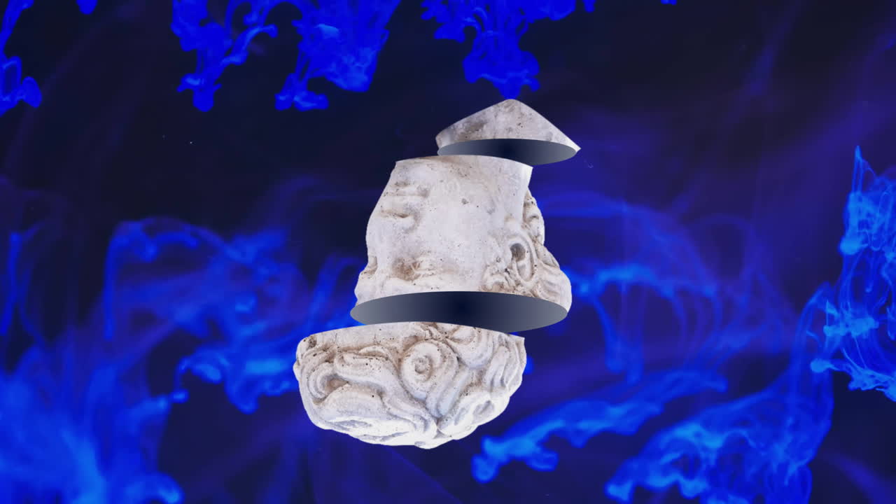 Animation of sculpture and blue shapes on black background