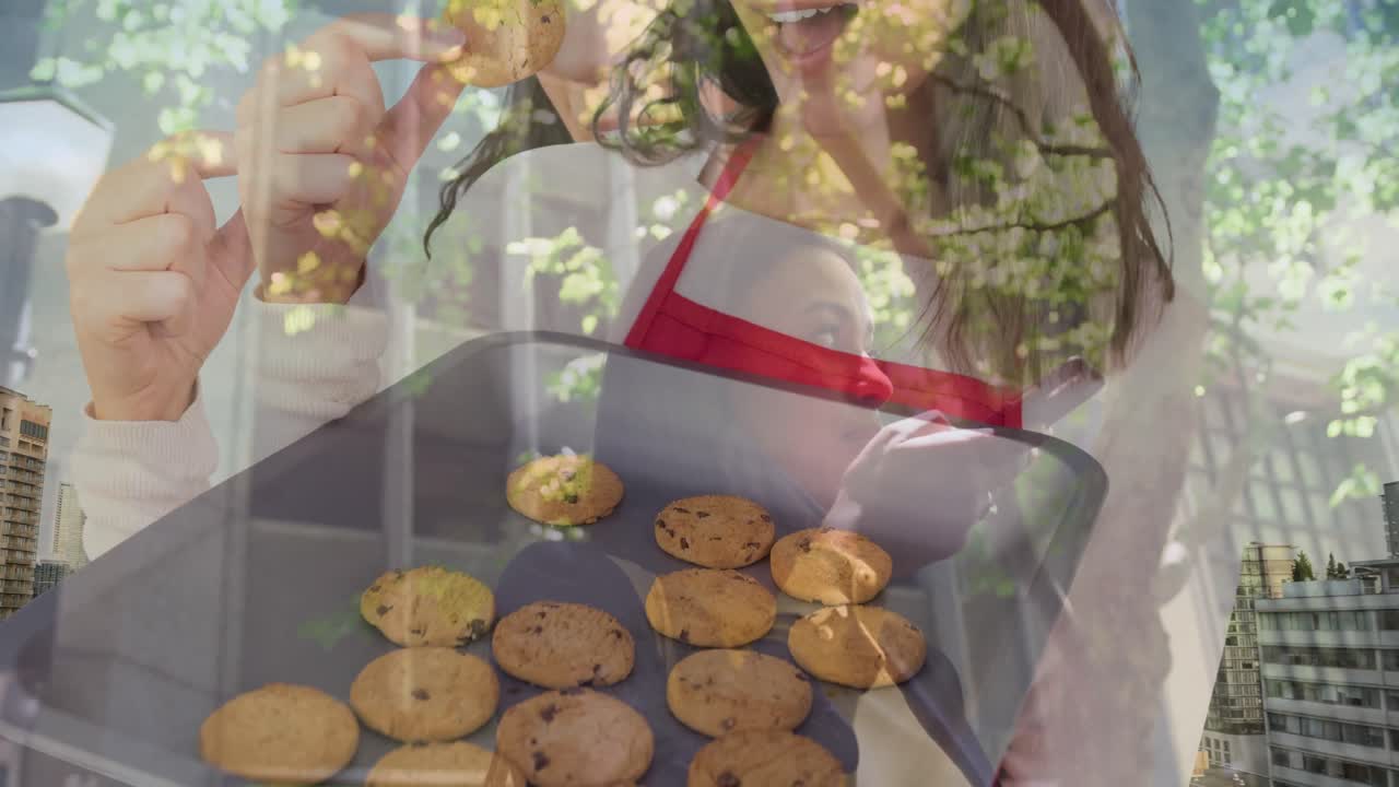 도시 풍경 위에서 쿠키와 함께 다양한 사람들의 애니메이션