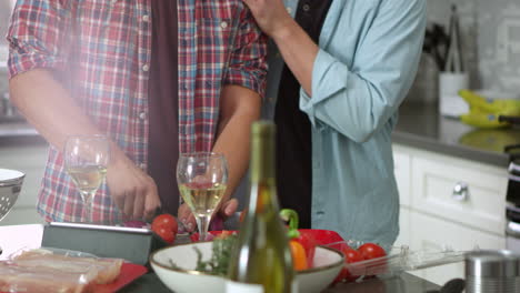 male gay couple preparing food together, close up tilt shot, shot on r3d