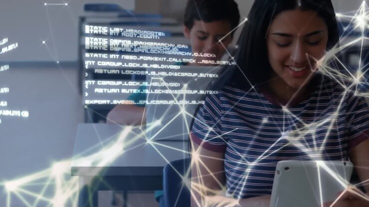 Network of connections and data processing against female student using laptop in class
