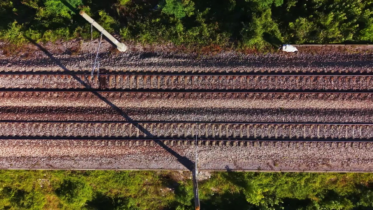 View of railway tracks from above with trees and grass surrounding the area showing the layout and structure of the tracks in a natural setting