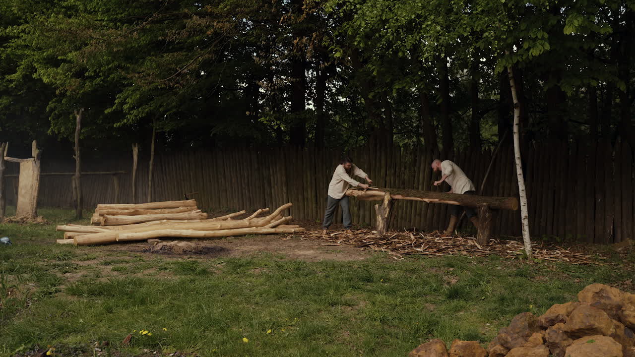 Two people working with wood in a forest setting