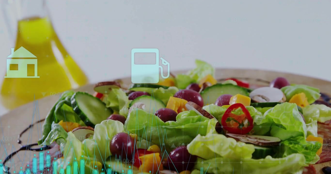 Insalata salutare con dati digitali animati e indicatori economici