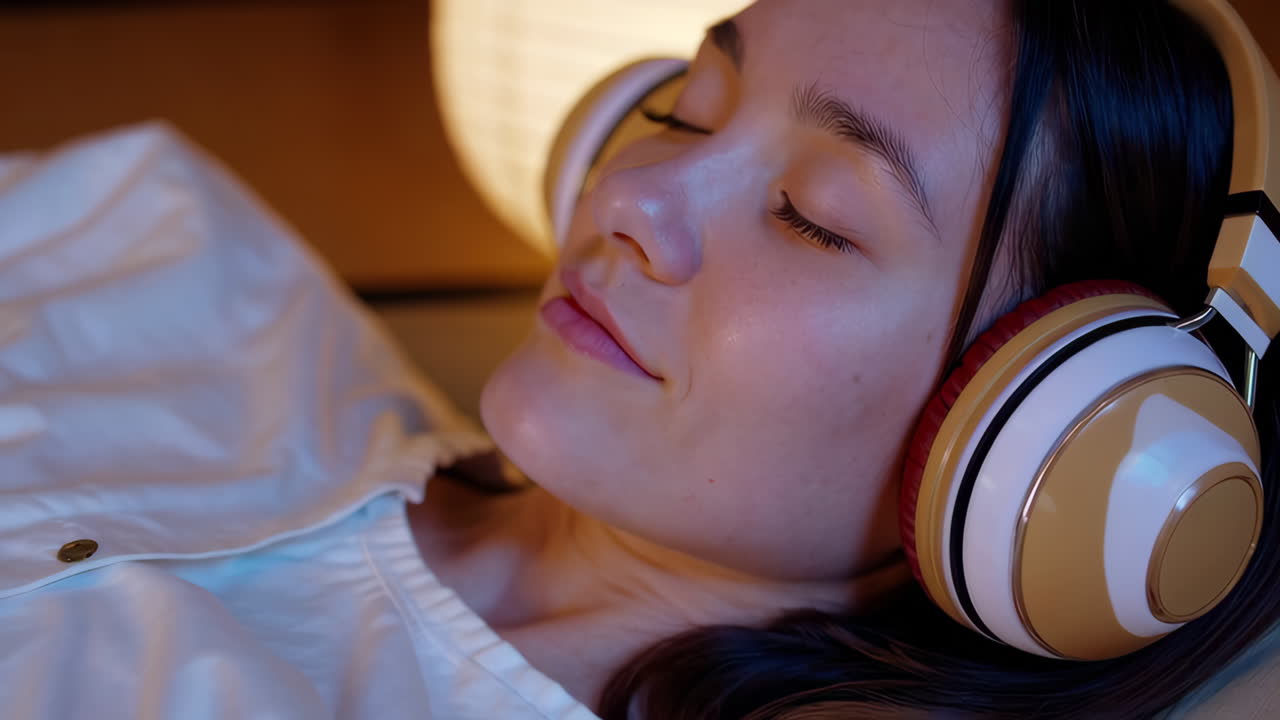 Woman relaxing with headphones in a traditional Japanese room
