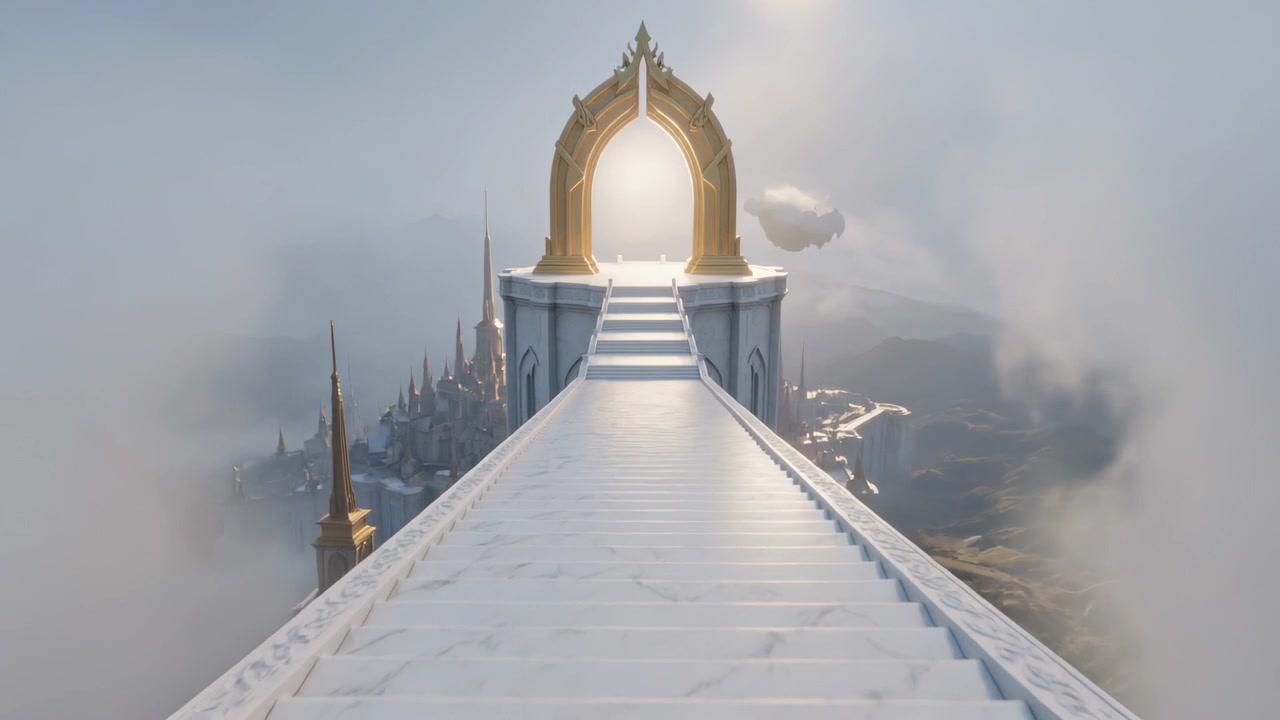 Kamerafahrt entlang einer Marmortreppe auf einen vergoldeten Bogen zu, enthüllt Türme und die Landschaft.