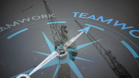 teamwork text animation over compass and construction cranes