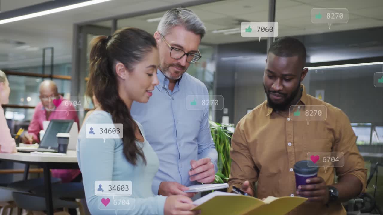 Animation of changing numbers and icons in notification bars, diverse coworkers discussing reports