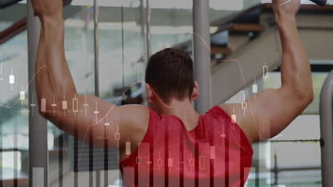 exercising in gym, man with financial data chart animation overlay