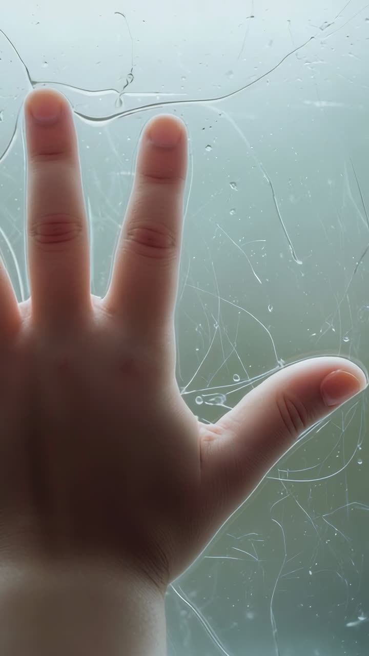 Video verticale: palmo, mano di un bambino che preme e separa le dita su una finestra bagnata sentendo le gocce