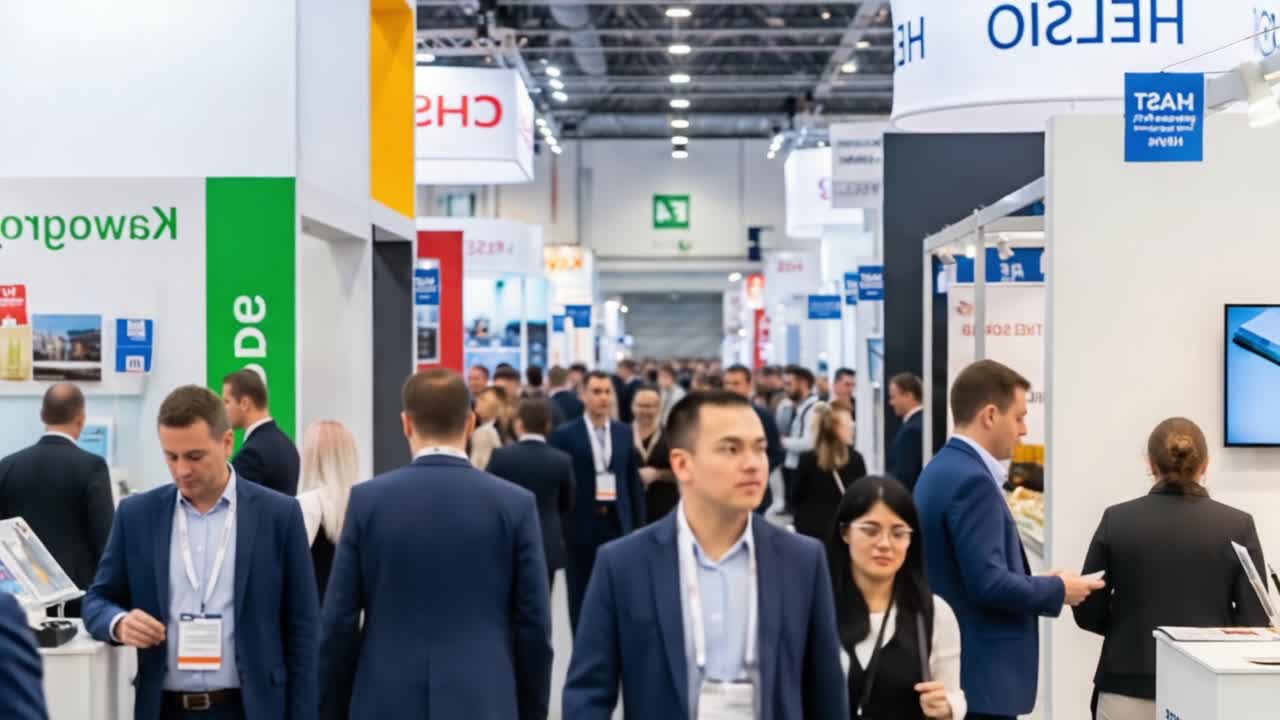 A bustling trade show environment showcasing networking and collaboration among professionals amidst various exhibitor booths and vibrant displays in a modern exhibition hall