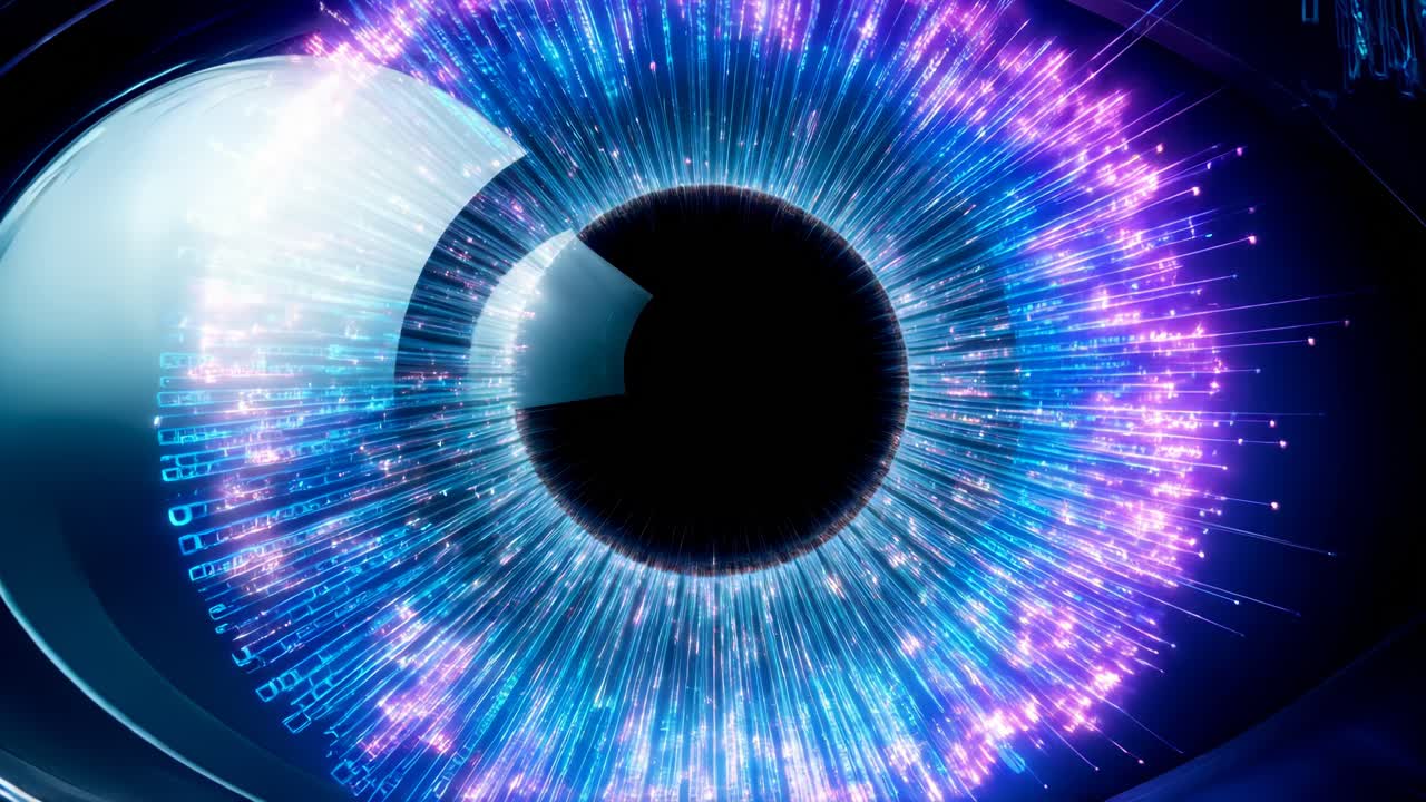 un diseño de ojo digital futurista con colores vibrantes y patrones de datos intrincados