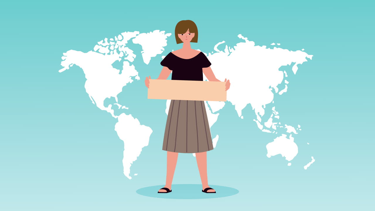 지구 지도에서 발을 들고 있는 아름다운 여자