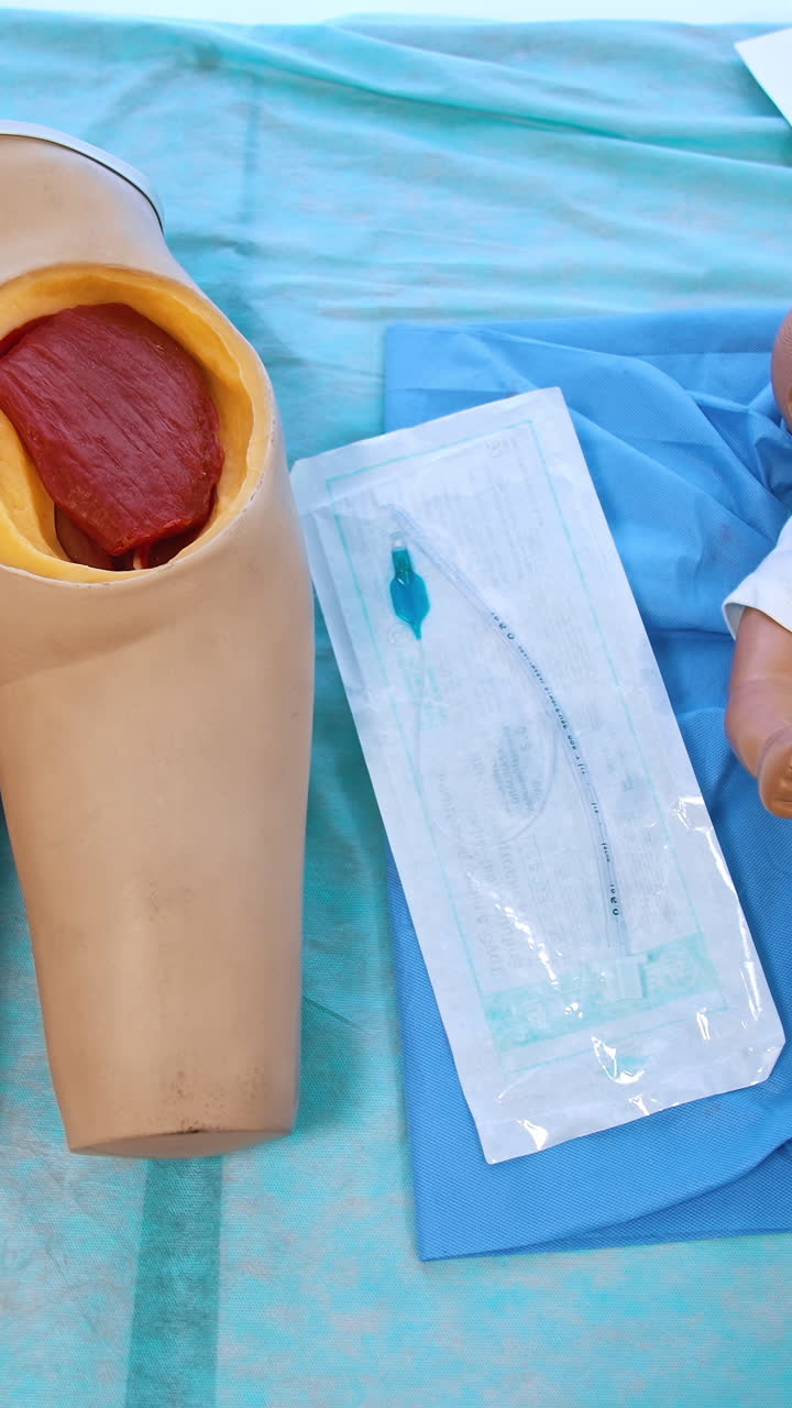 Various dummies on desk in medical room. Plastic parts mannequins of human's body and infant models on the table for students practice in university. Vertical video