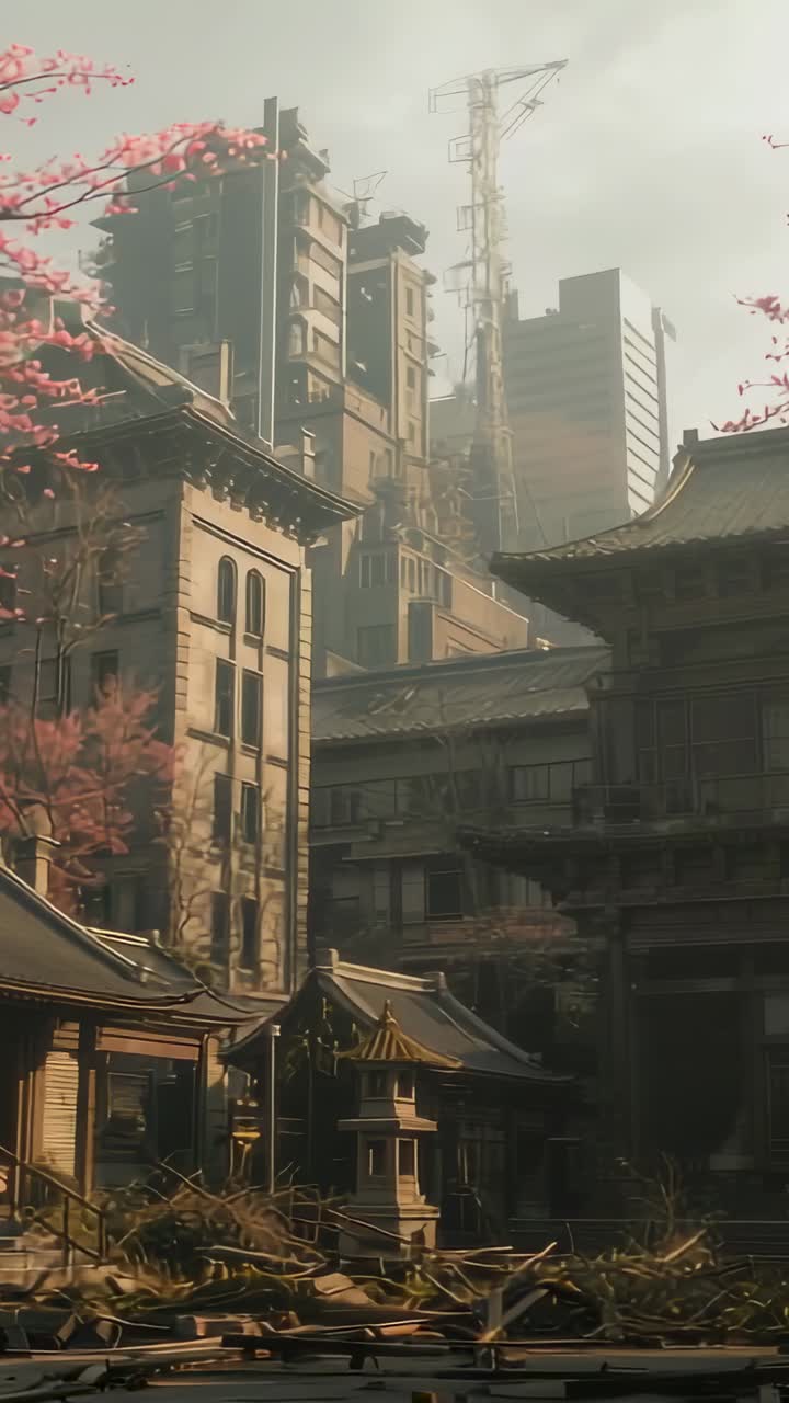 Vertical video: Camera panning temple courtyard, showing contrast among pagodas, highrise and crane
