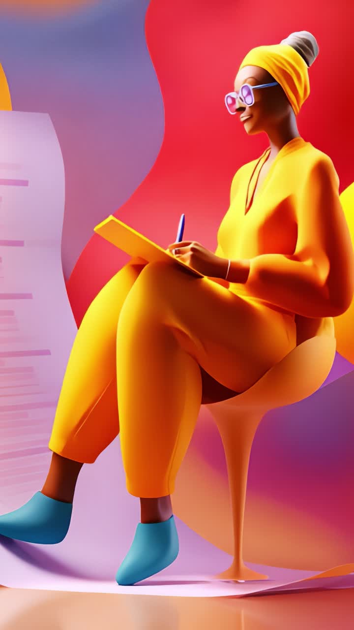 Una persona elegante con un vivace abbigliamento giallo è seduta comodamente su una sedia moderna mentre prende appunti con una penna su uno sfondo dai colori brillanti