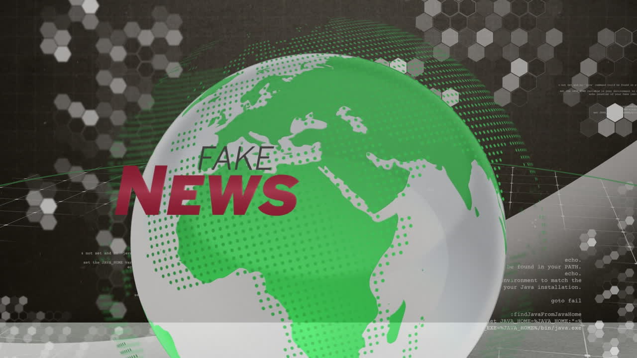 animación de un banner de texto de noticias falsas sobre un globo giratorio y procesamiento de datos contra un fondo gris