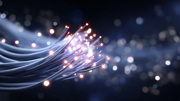 Illuminated Fiber Optic Cables Creating a Stunning Light Display Against a Dark Background, Showcasing High-Speed Data Transmission and Connectivity Innovations
