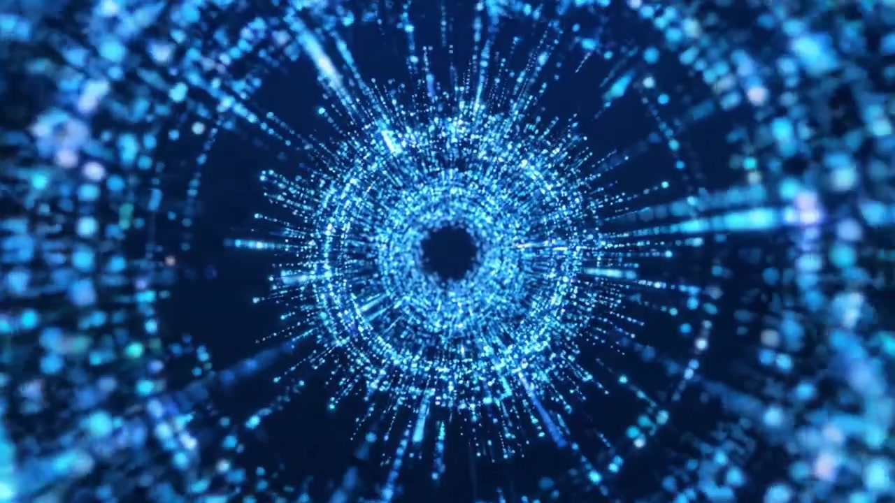 A mesmerizing visual journey through a digital spiral of illuminated blue particles, showcasing the transforming dynamics of light in an abstract cosmic tunnel.