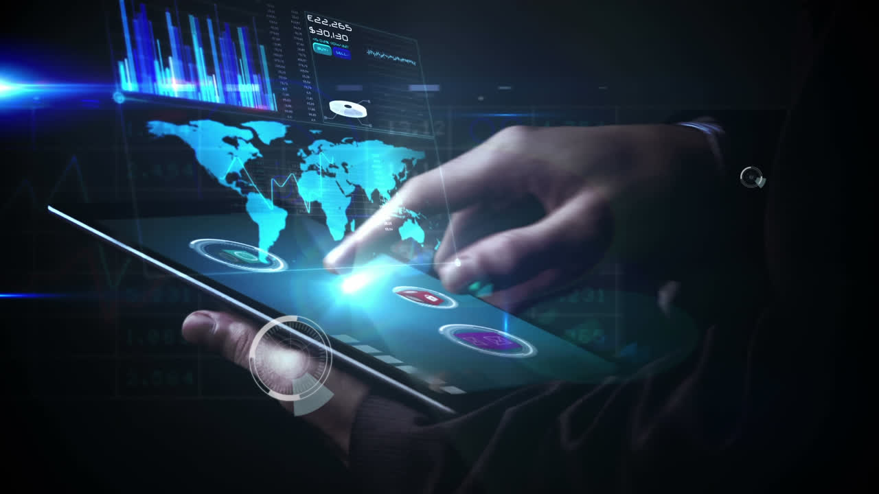 5G displayed in a circle with person using tablet in the background