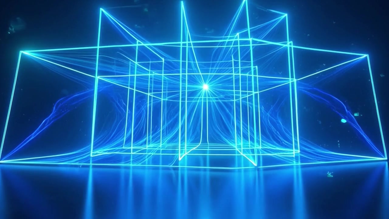 Glowing Neon Geometric Cube Expanding and Contracting in Dark Space