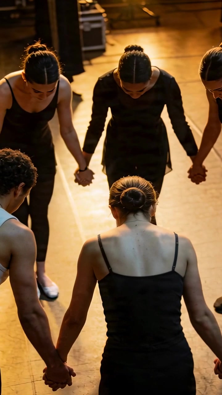 Vidéo verticale : Réagissant à un signal en coulisses, 5 danseurs en noir et un homme en blanc joignant les mains et s'inclinant.
