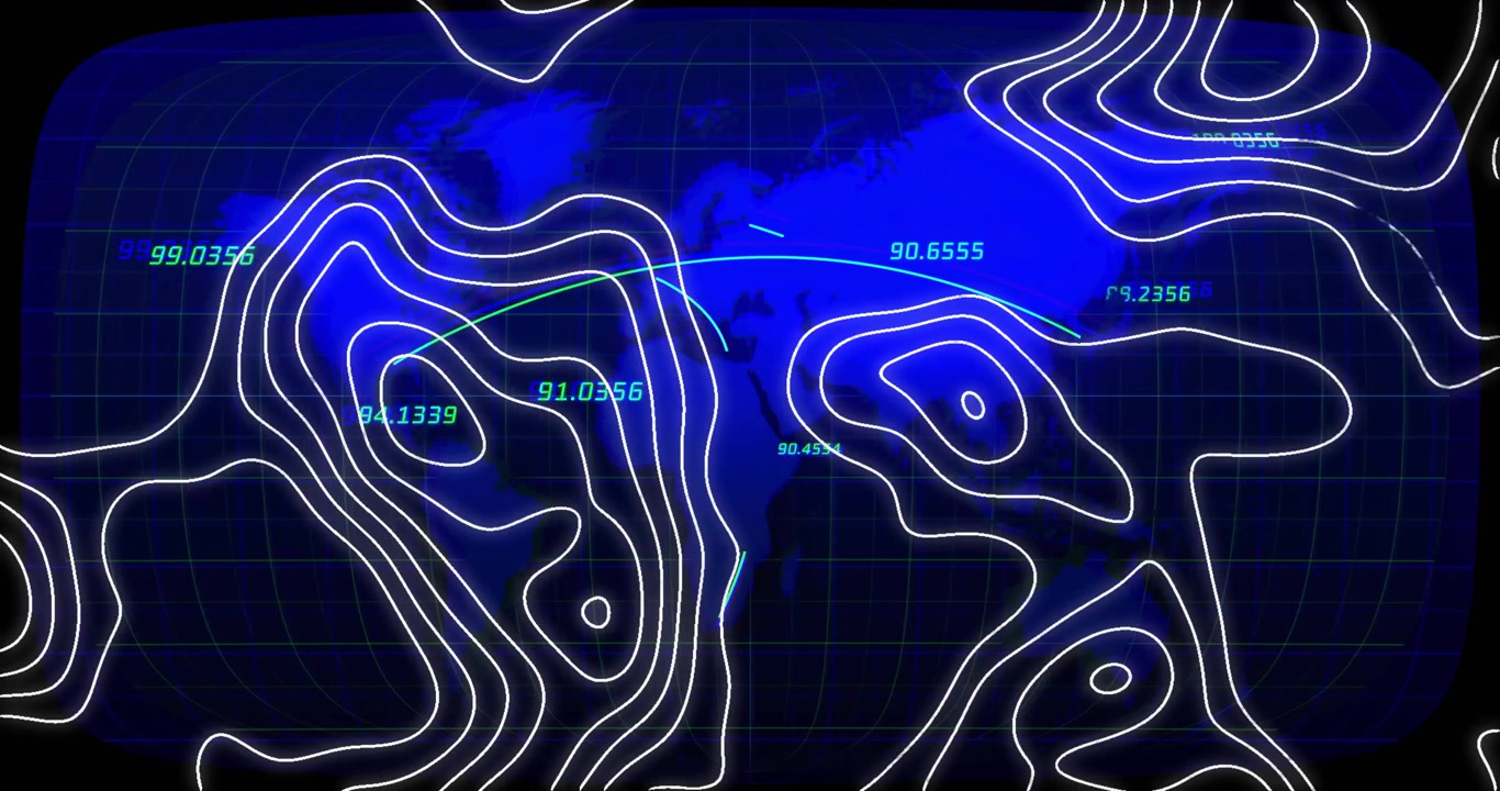 Stylized global map rotating with neon gridlines, numeric contours and moving trajectory line