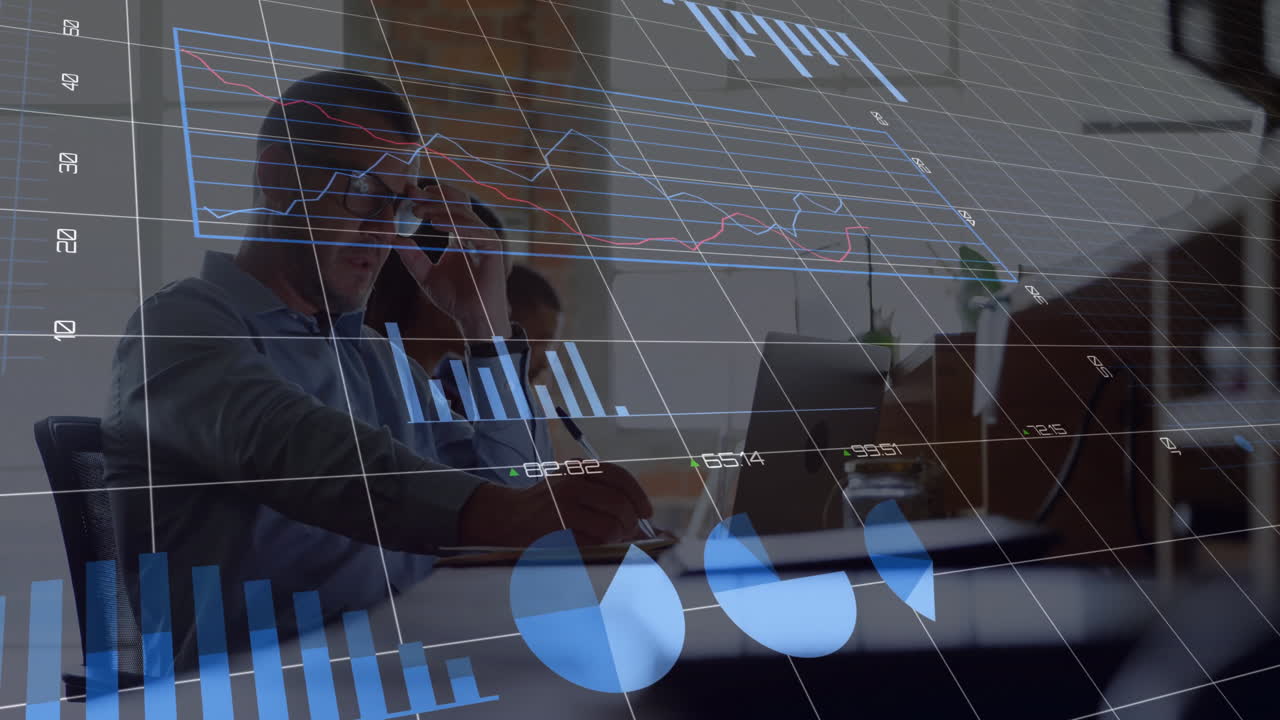 Analyzing financial data, business people working in office with graphs animation